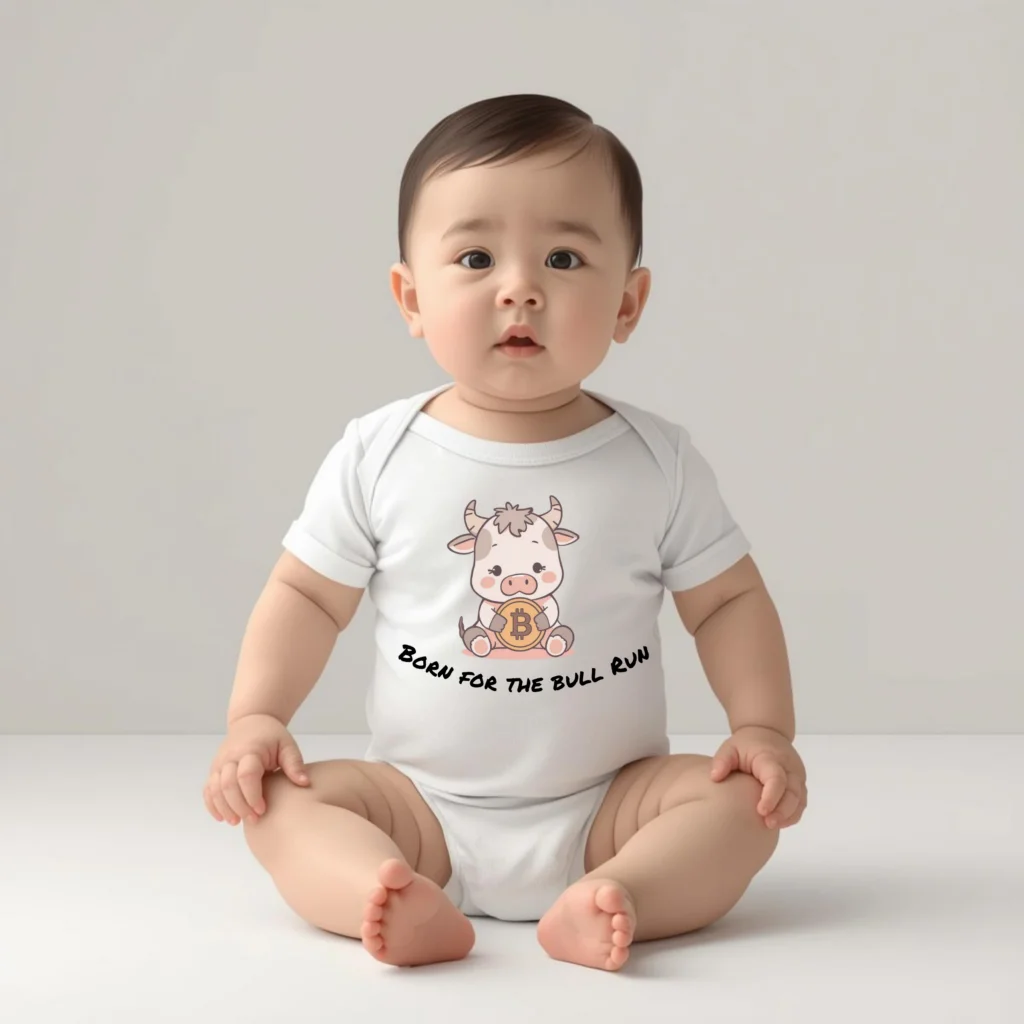 Bitcoin baby bodysuit Born for the Bull Run bull design organic cotton infant clothing