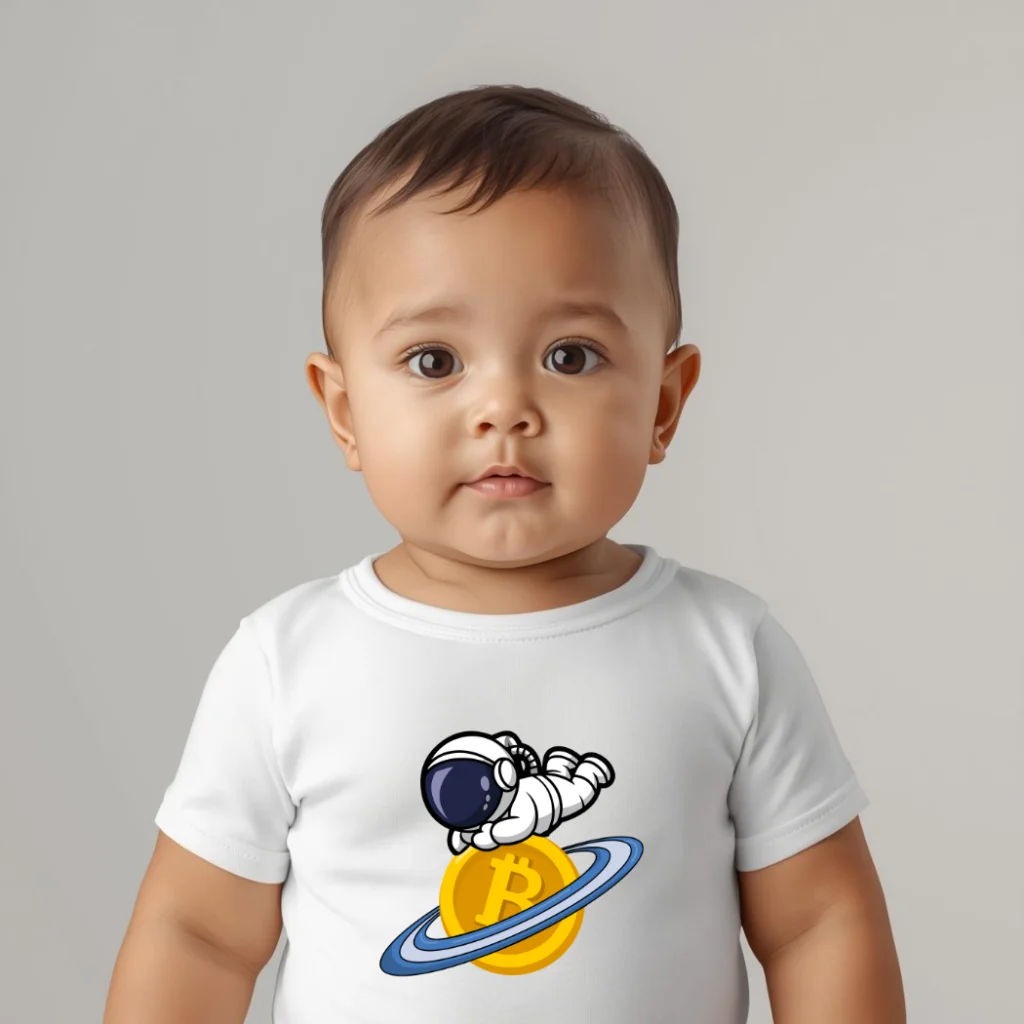 Bitcoin baby bodysuit Future Explorer design organic cotton infant clothing playful explorer theme