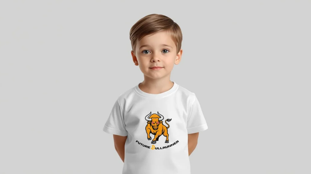 Bitcoin kids t-shirt Future Bullrunner bull design organic cotton children clothing