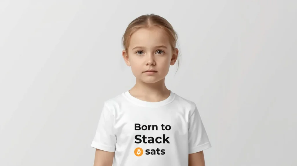 Bitcoin kids t-shirt Born to Stack Sats minimalist design organic cotton children clothing