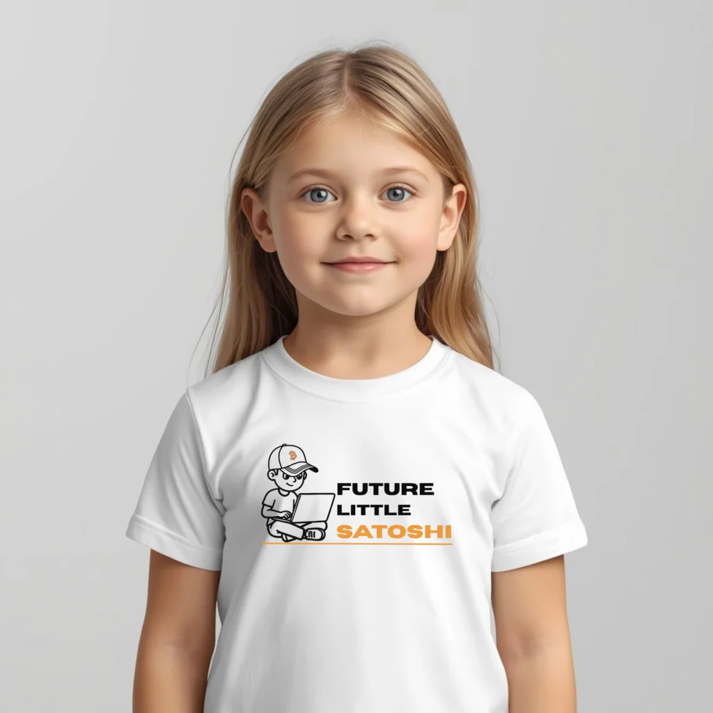 Bitcoin kids t-shirt Future Little Satoshi playful builder illustration organic cotton children clothing
