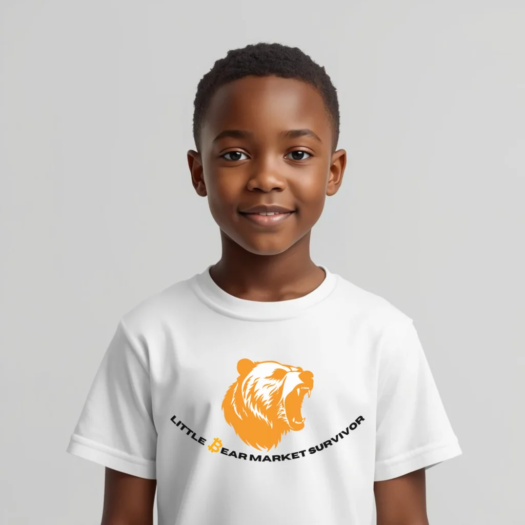 Bitcoin kids t-shirt Little Bear Market Survivor with bear design organic cotton clothing