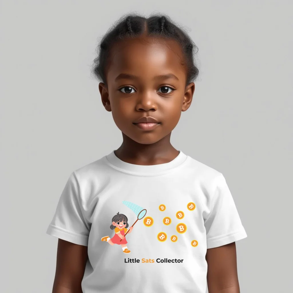 Bitcoin kids t-shirt Little Sats Collector playful illustration organic cotton children clothing