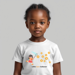 Bitcoin kids t-shirt Little Sats Collector playful illustration organic cotton children clothing