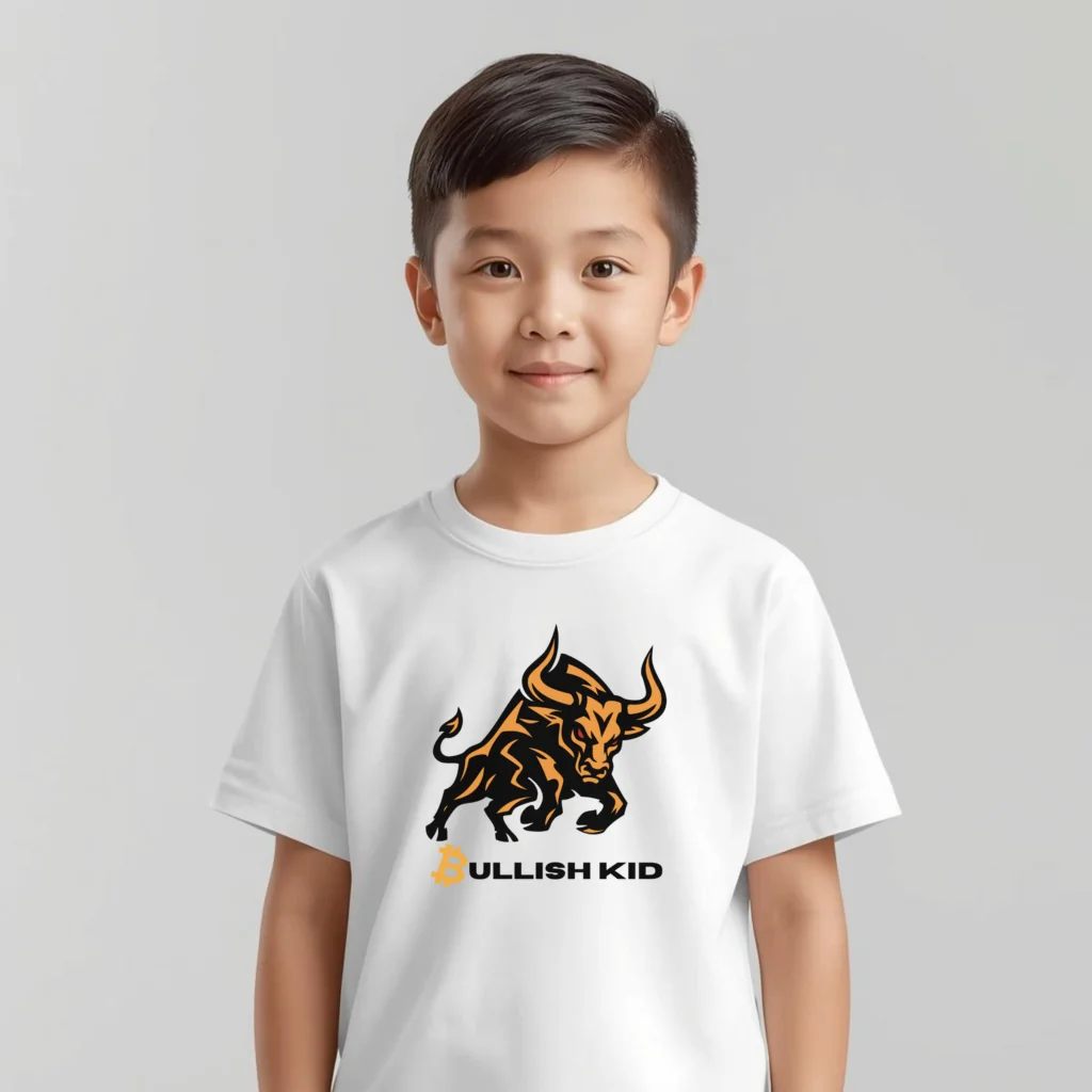 Bitcoin kids t-shirt Bullish Kid with bull illustration organic cotton children clothing