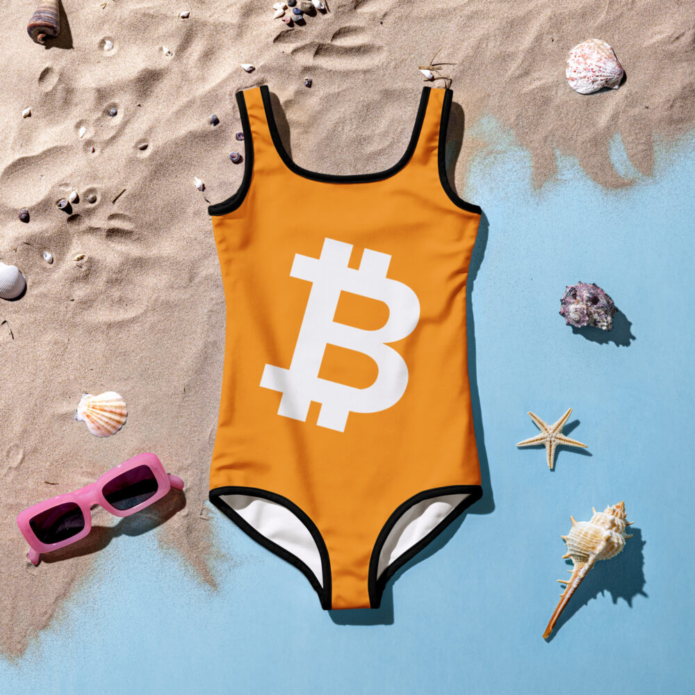 Bitcoin girls swimsuit one piece orange with white bitcoin symbol beach pool swimwear