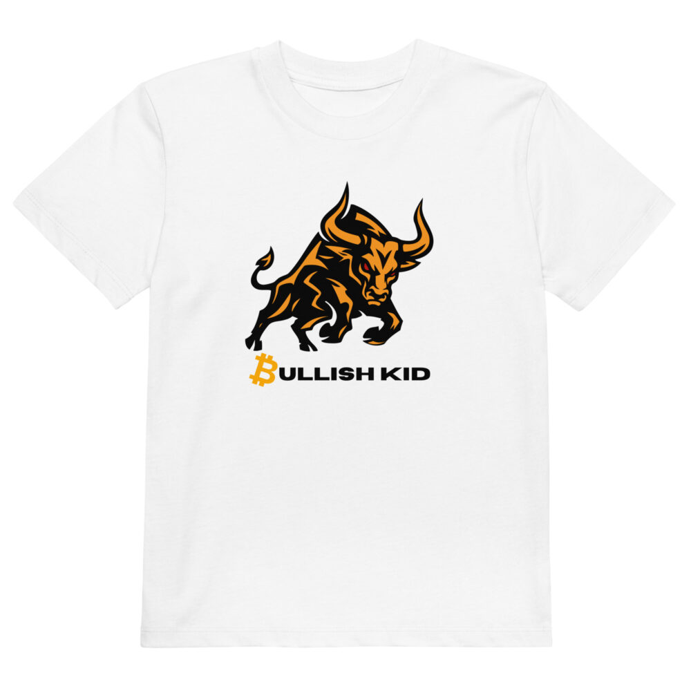 Bitcoin kids t-shirt Bullish Kid with bull illustration organic cotton children clothing