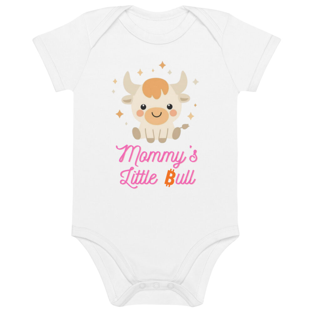 Bitcoin baby bodysuit Mommy’s Little Bull bull design organic cotton infant clothing