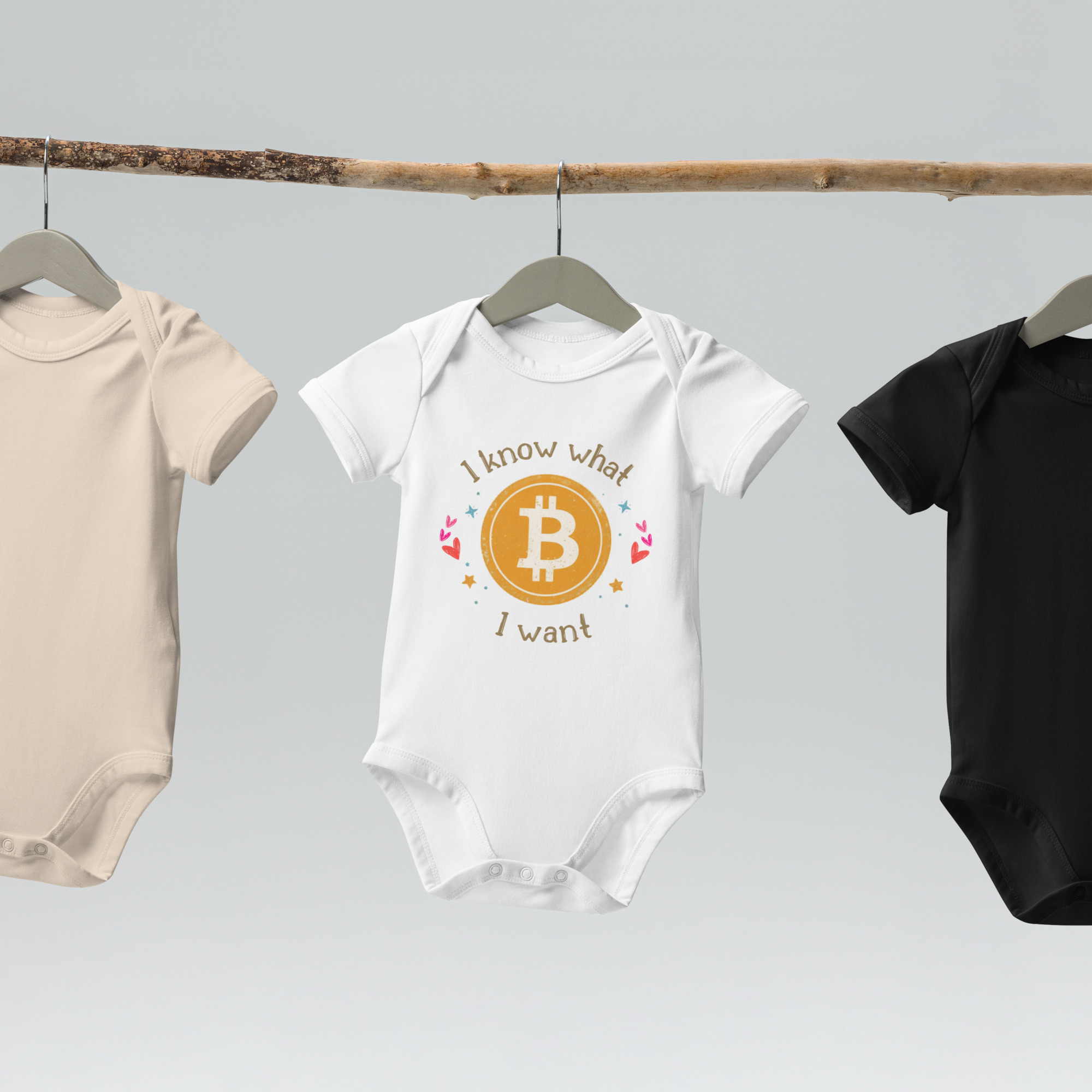 Bitcoin baby bodysuit I Know What I Want playful text design organic cotton infant clothing