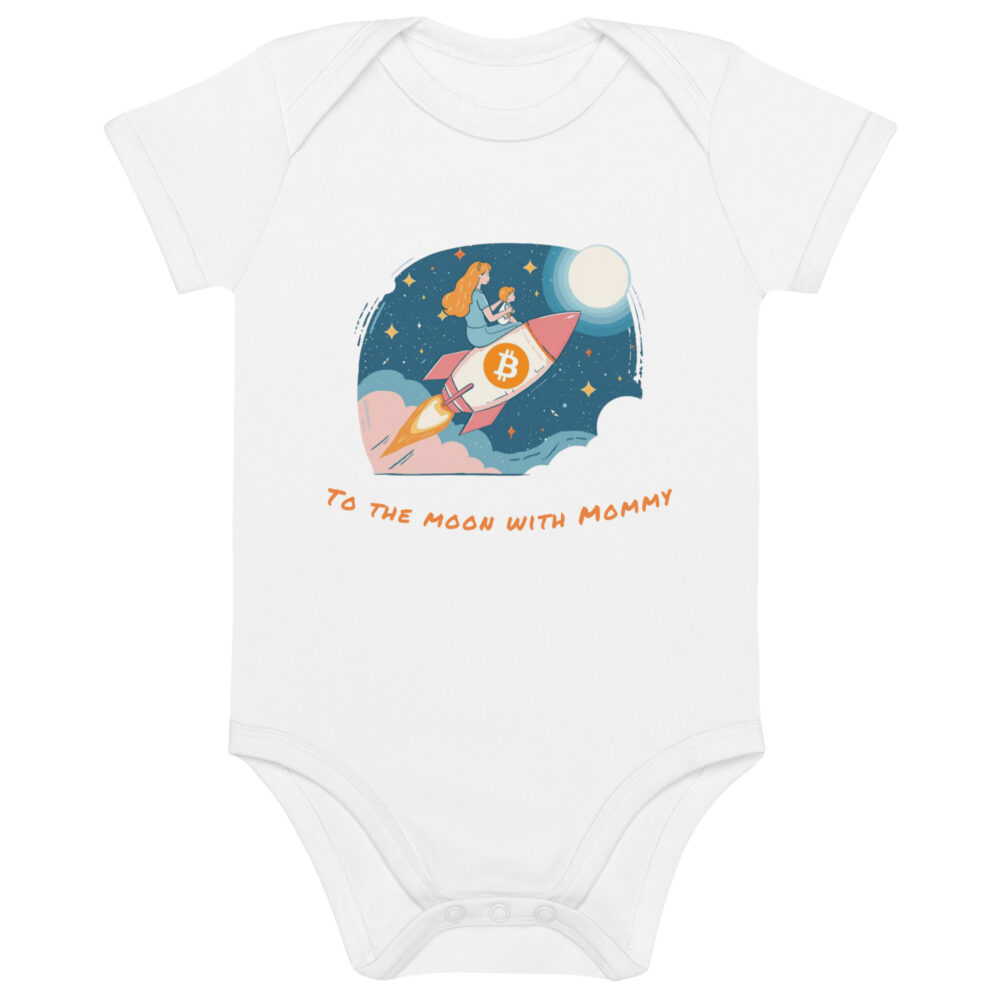 Bitcoin baby bodysuit To the Moon with Mommy rocket design organic cotton infant clothing