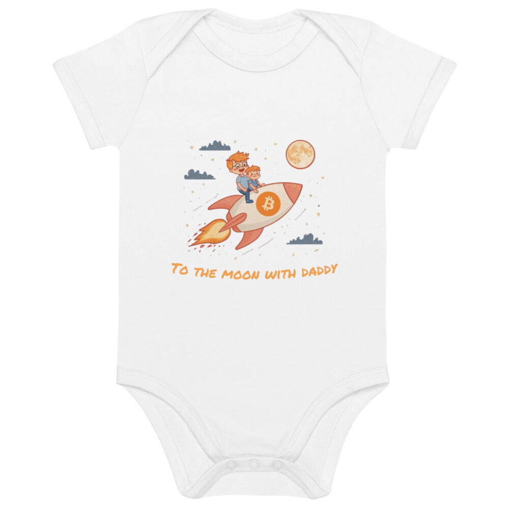 Bitcoin baby bodysuit To the Moon with Daddy design rocket illustration organic cotton infant clothing