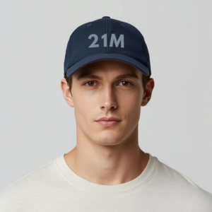Bitcoin premium cap Satoshi 21M navy embroidered minimalist design adjustable hat