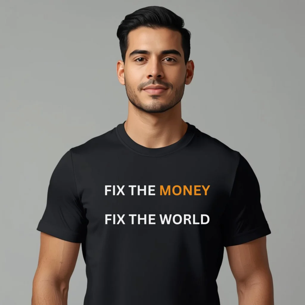 Fix The Money Fix The World Bitcoin t-shirt featuring minimalist typography design