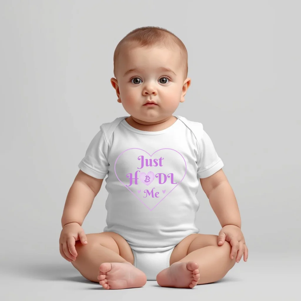 Bitcoin baby bodysuit Just HODL Me pink design organic cotton soft infant clothing