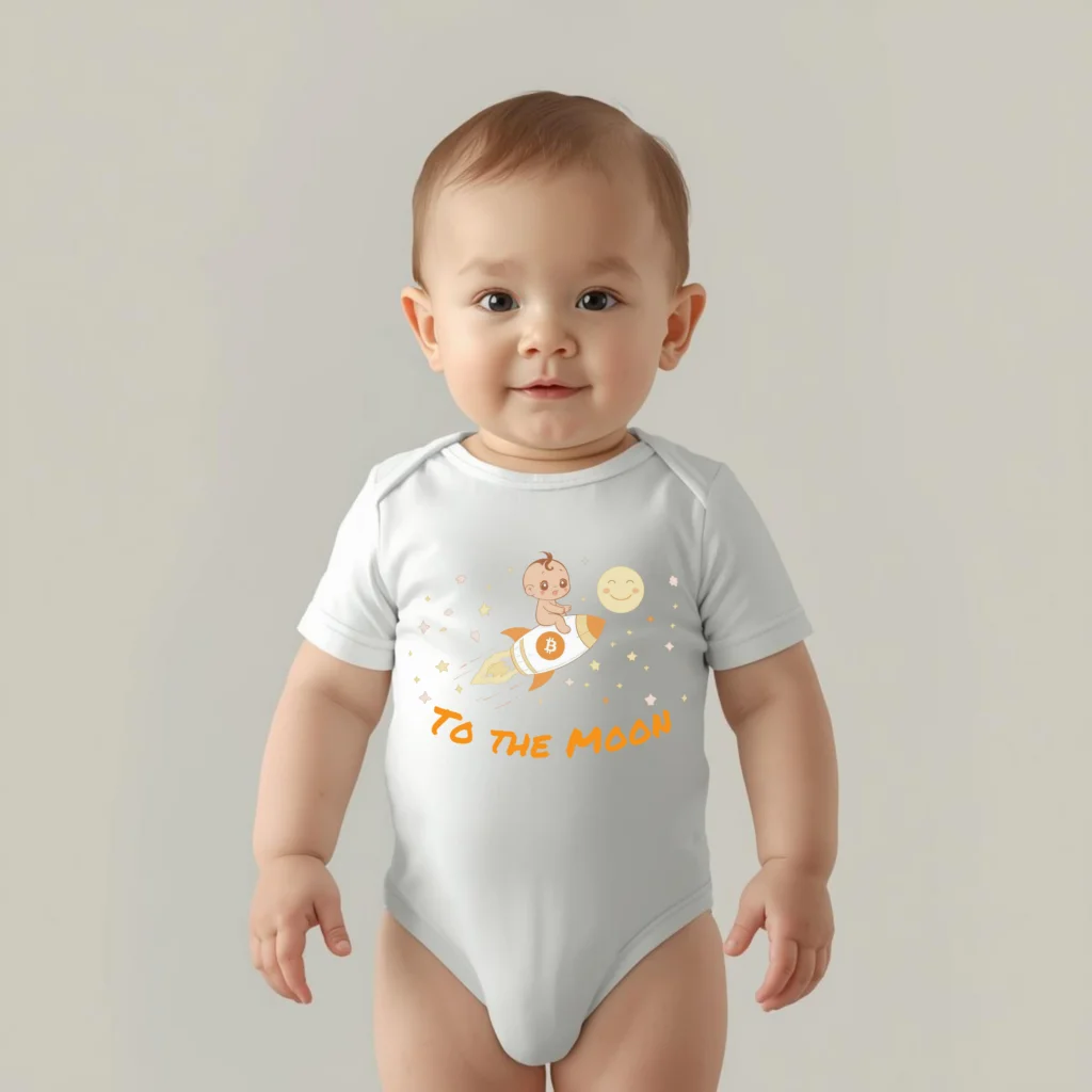 Bitcoin baby bodysuit To the Moon rocket design organic cotton infant clothing