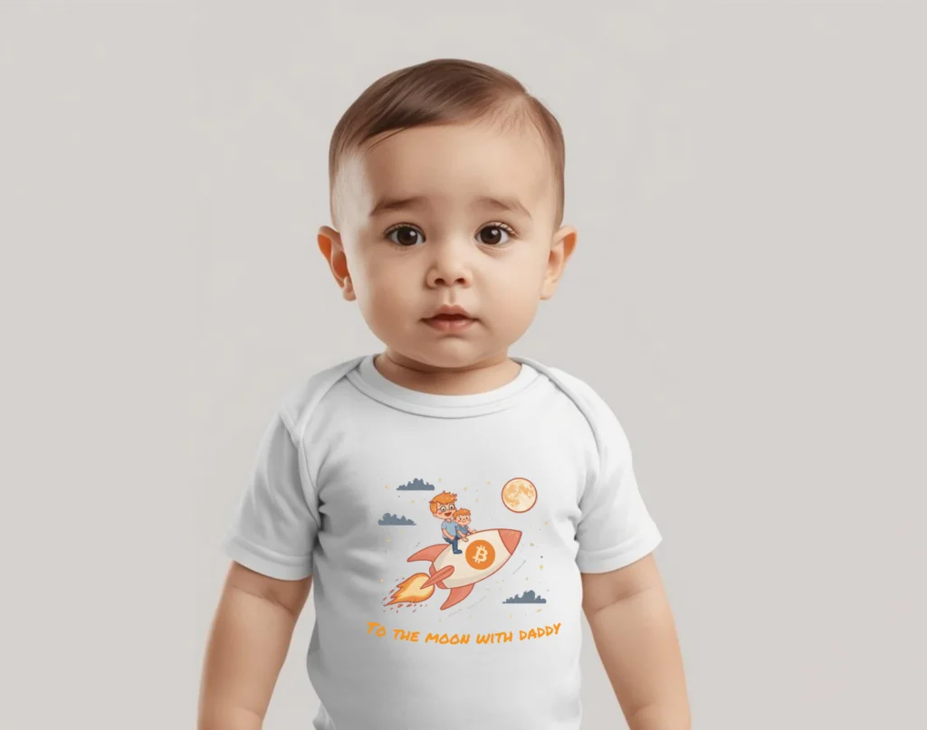 Bitcoin baby bodysuit To the Moon with Daddy rocket design in organic cotton