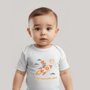 Bitcoin baby bodysuit To the Moon with Daddy rocket design in organic cotton