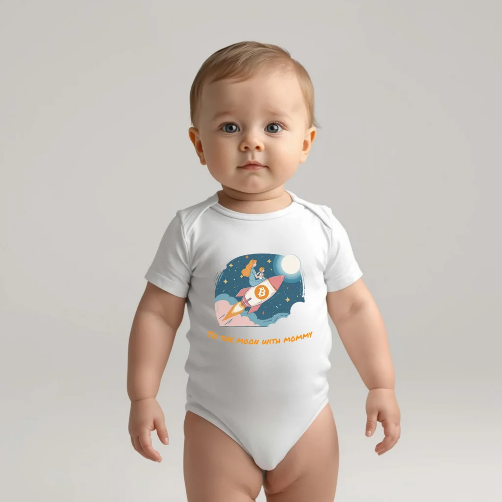 Bitcoin baby bodysuit To the Moon with Mommy rocket design in organic cotton
