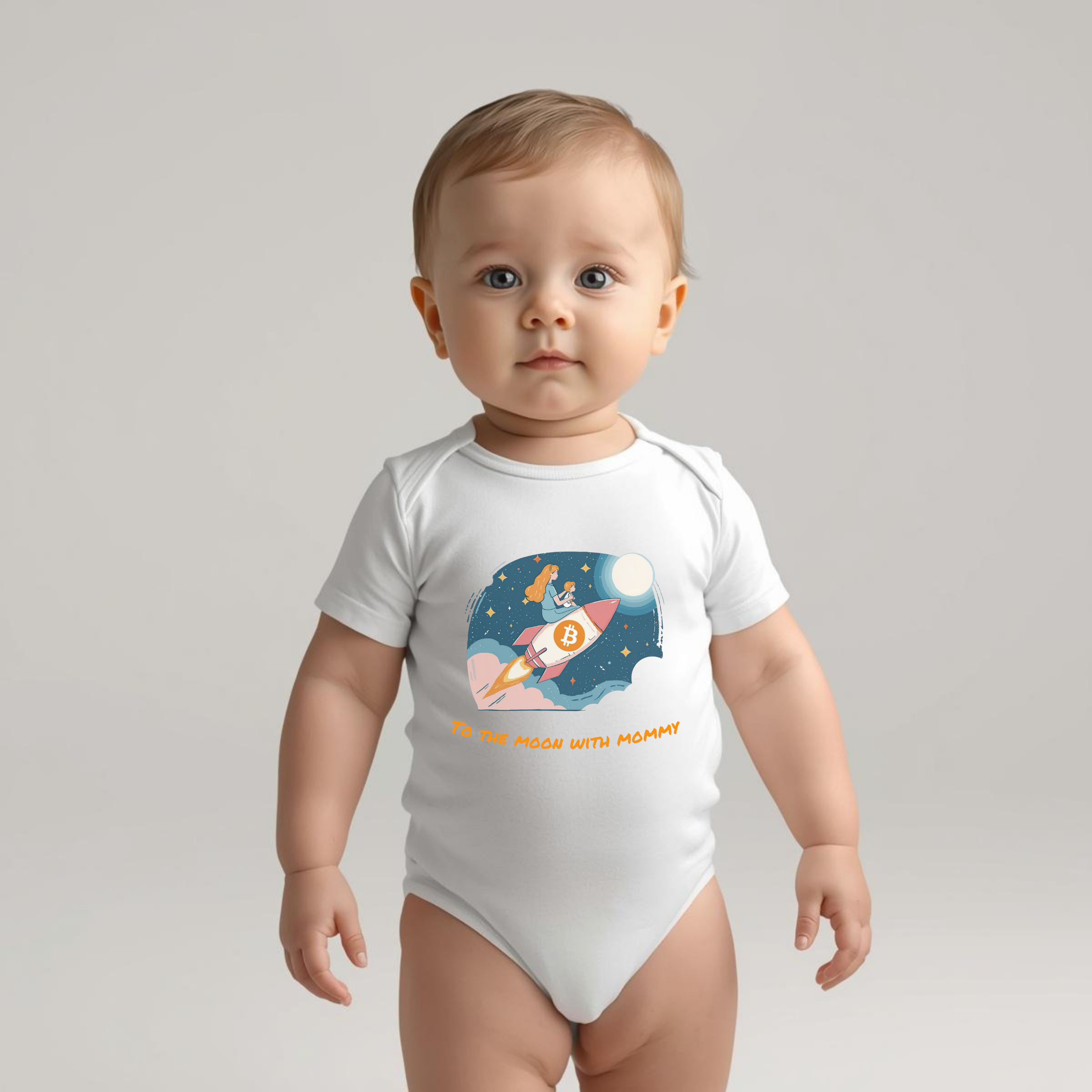 Bitcoin baby bodysuit To the Moon with Mommy rocket design in organic cotton
