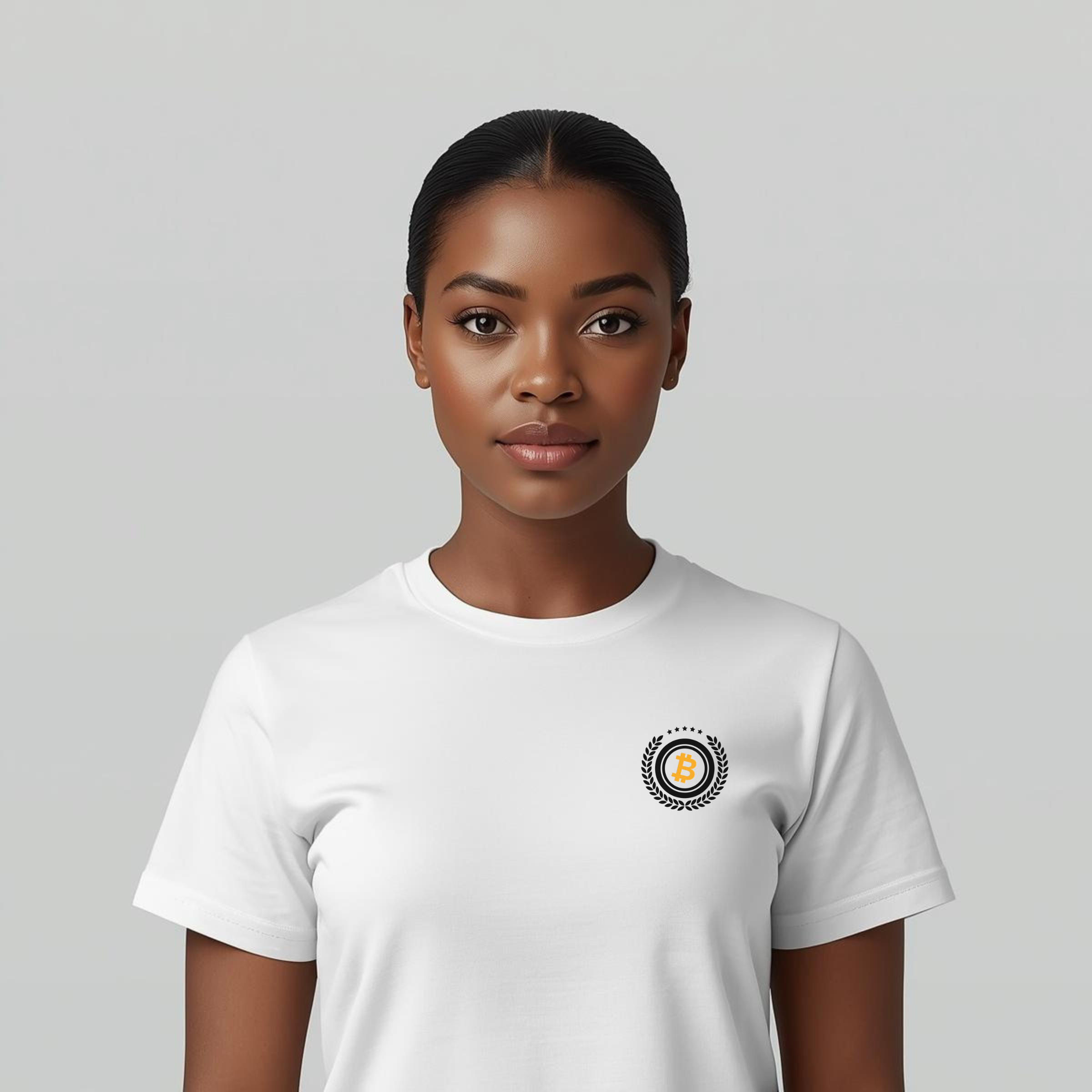 Bitcoin premium white t-shirt standard seal laurel wreath minimalist design organic cotton