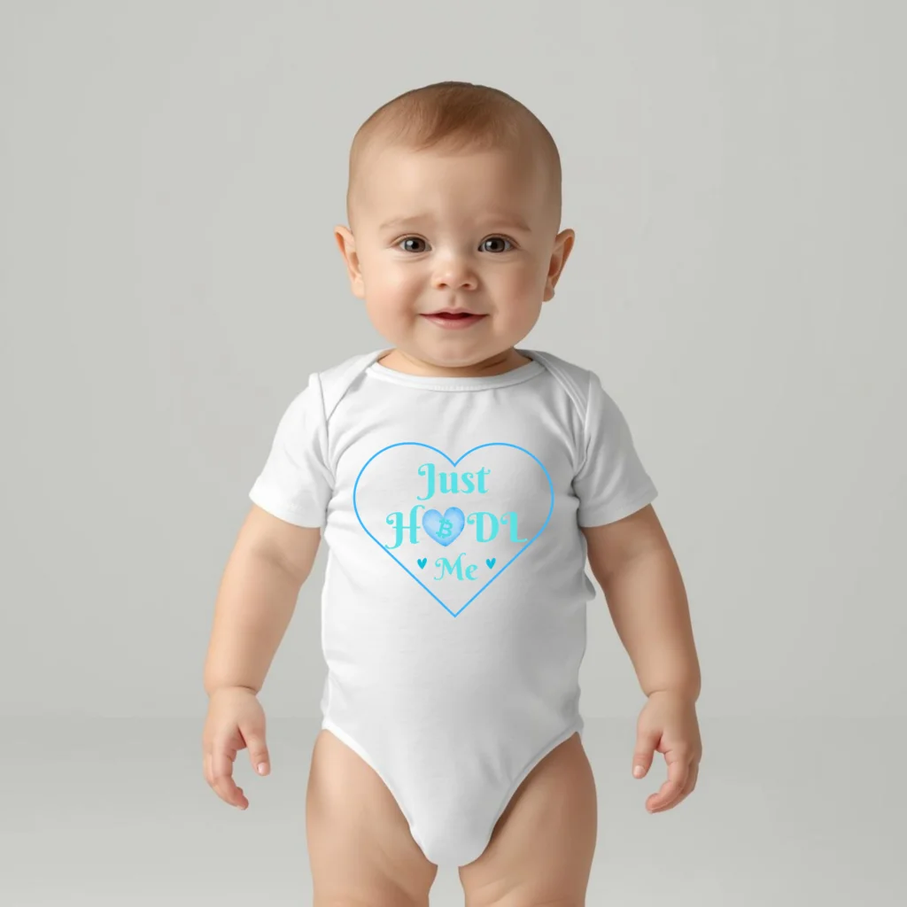 Bitcoin baby bodysuit Just HODL Me blue design organic cotton soft infant clothing