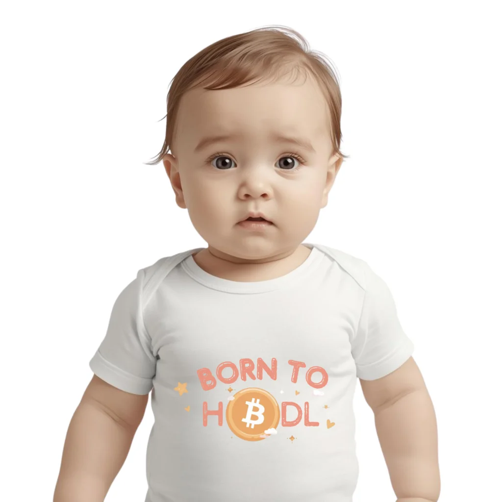 Bitcoin baby bodysuit Born to HODL text design organic cotton infant clothing