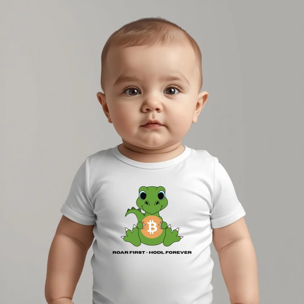 Bitcoin baby bodysuit Roar First HODL Forever with dinosaur holding bitcoin design in organic cotton