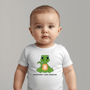 Bitcoin baby bodysuit Roar First HODL Forever with dinosaur holding bitcoin design in organic cotton