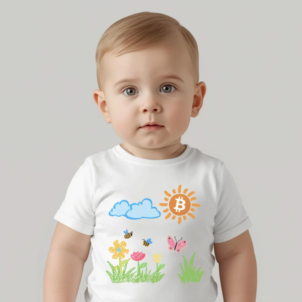 Bitcoin baby bodysuit Little Future Garden organic cotton with nature-inspired colorful design
