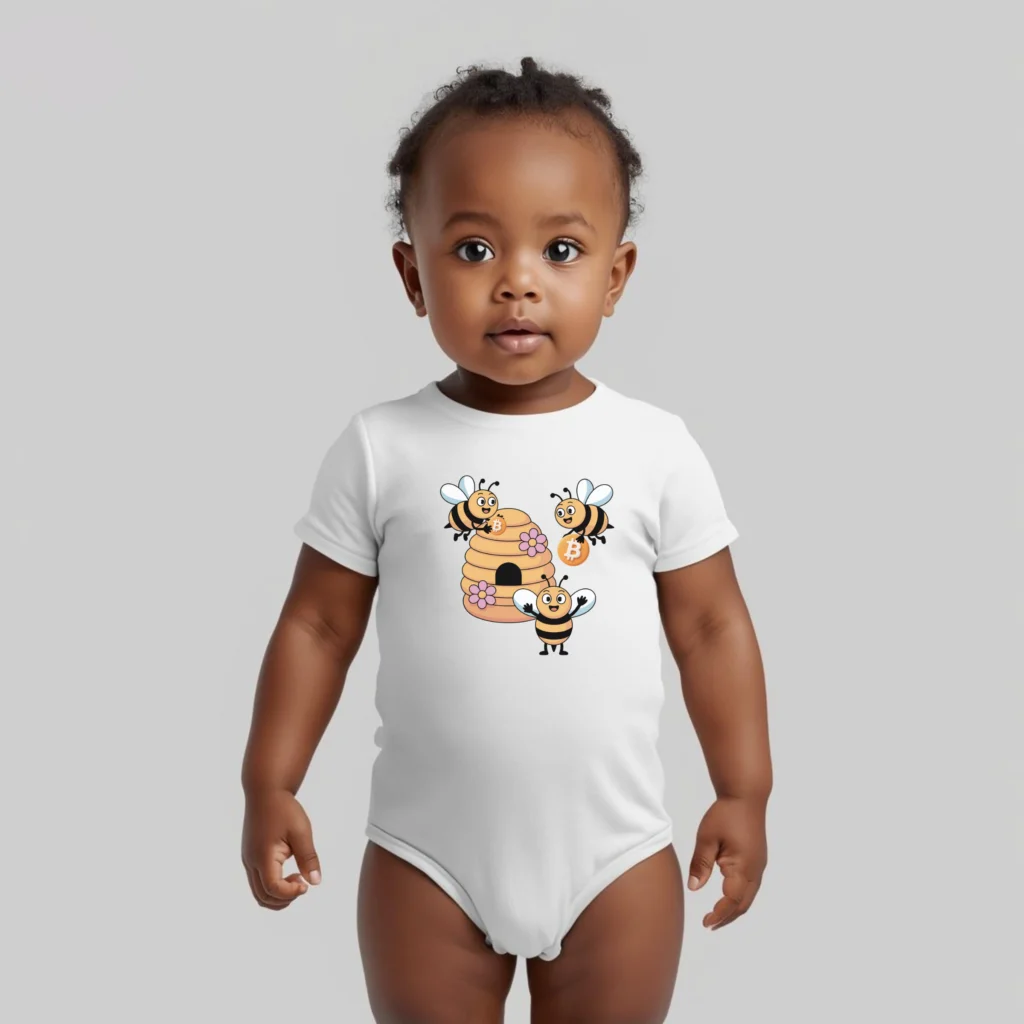Bitcoin baby bodysuit Little Honey Stacker with bees and honey design in organic cotton