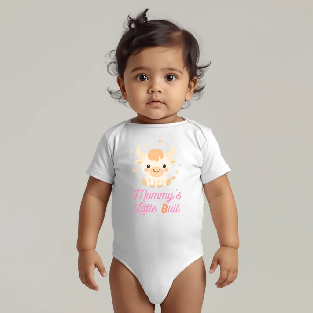 Bitcoin baby bodysuit Mommy’s Little Bull bull design organic cotton infant clothing