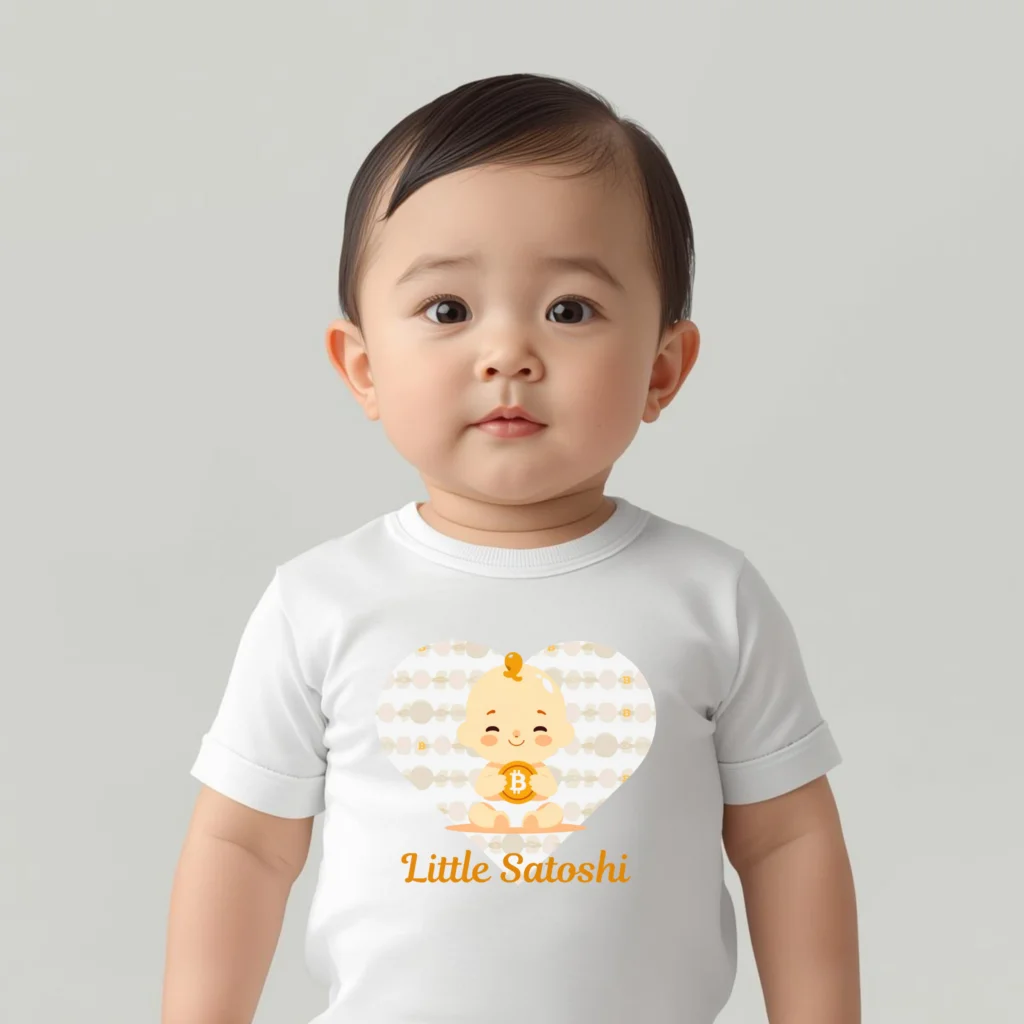 Bitcoin baby bodysuit Little Satoshi design organic cotton infant clothing playful minimalist