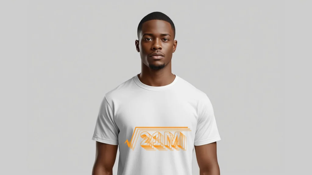 Premium white t-shirt with Root 21M Bitcoin inspired design representing the 21 million supply