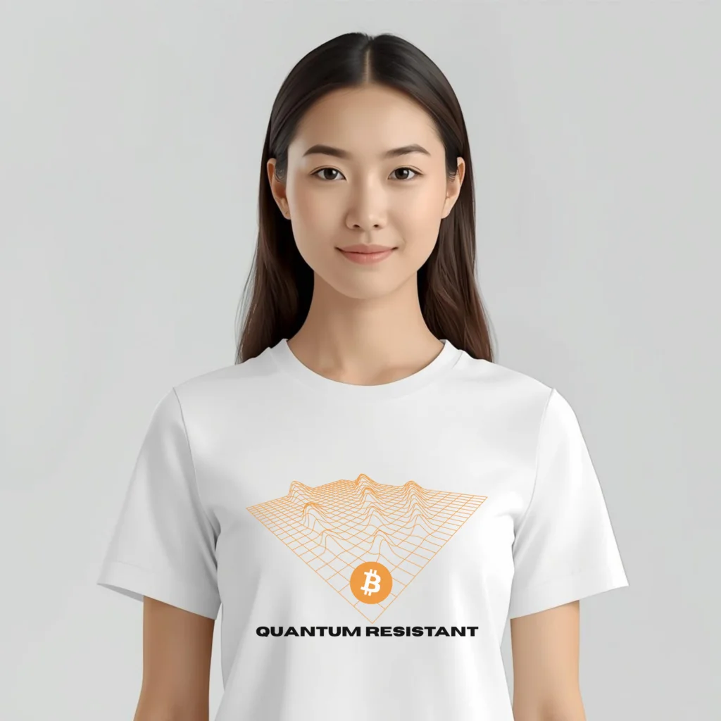 Bitcoin premium t-shirt Quantum Resistant white edition with wave grid design and bitcoin symbol organic cotton