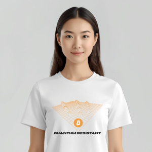 Bitcoin premium t-shirt Quantum Resistant white edition with wave grid design and bitcoin symbol organic cotton