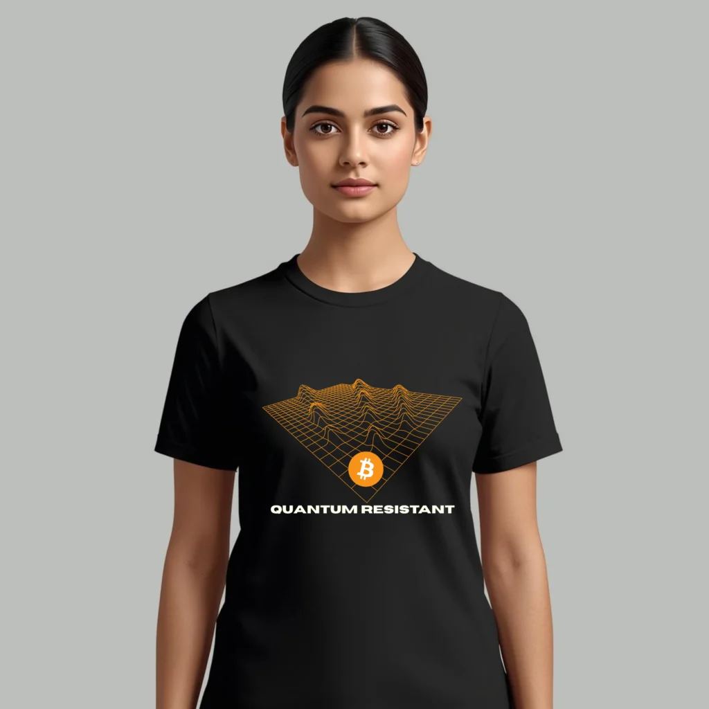 Bitcoin premium dark t-shirt Quantum Resistant with wave grid design and bitcoin symbol