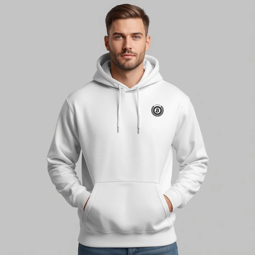 Bitcoin premium white hoodie minimalist standard seal design comfortable streetwear