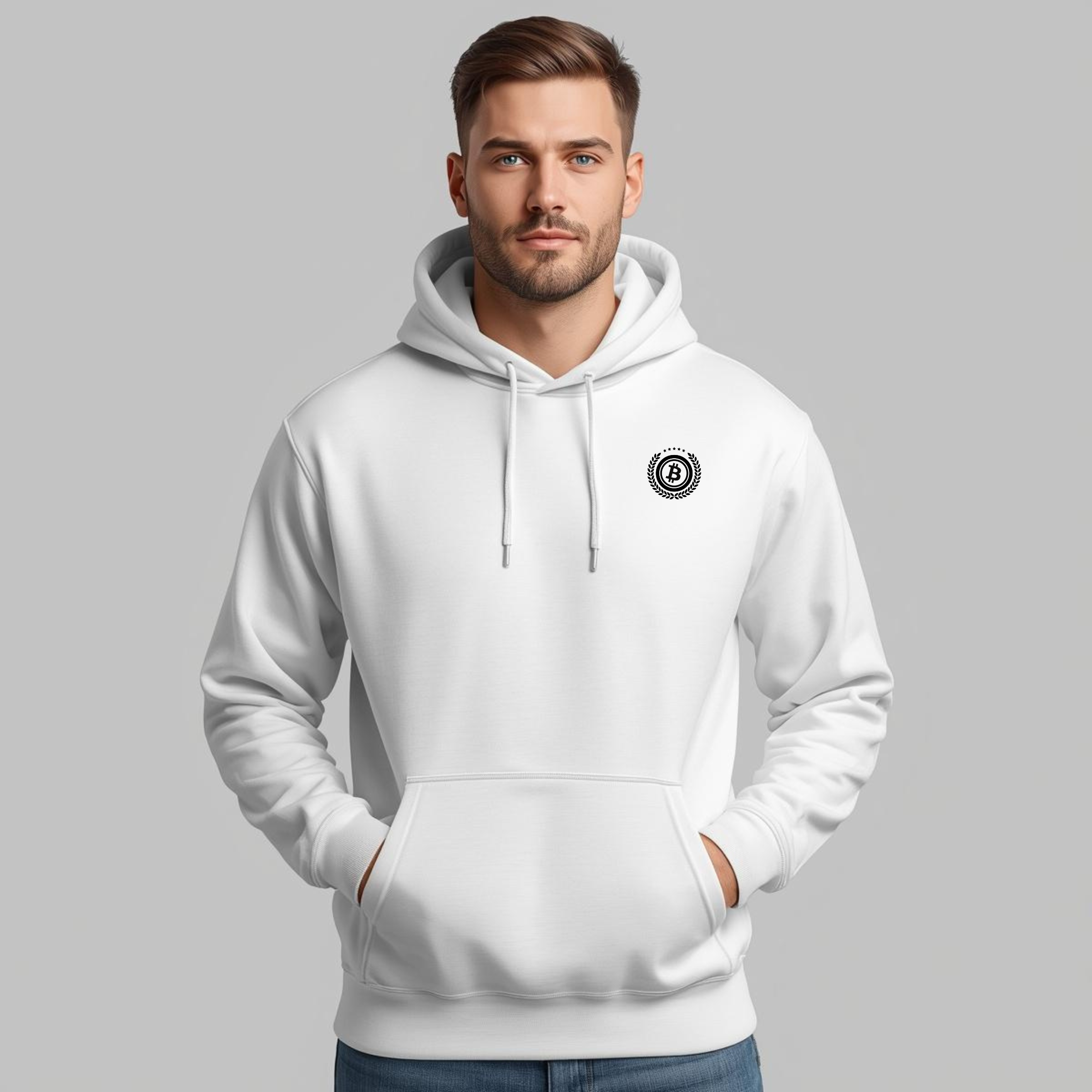 Bitcoin premium white hoodie minimalist standard seal design comfortable streetwear