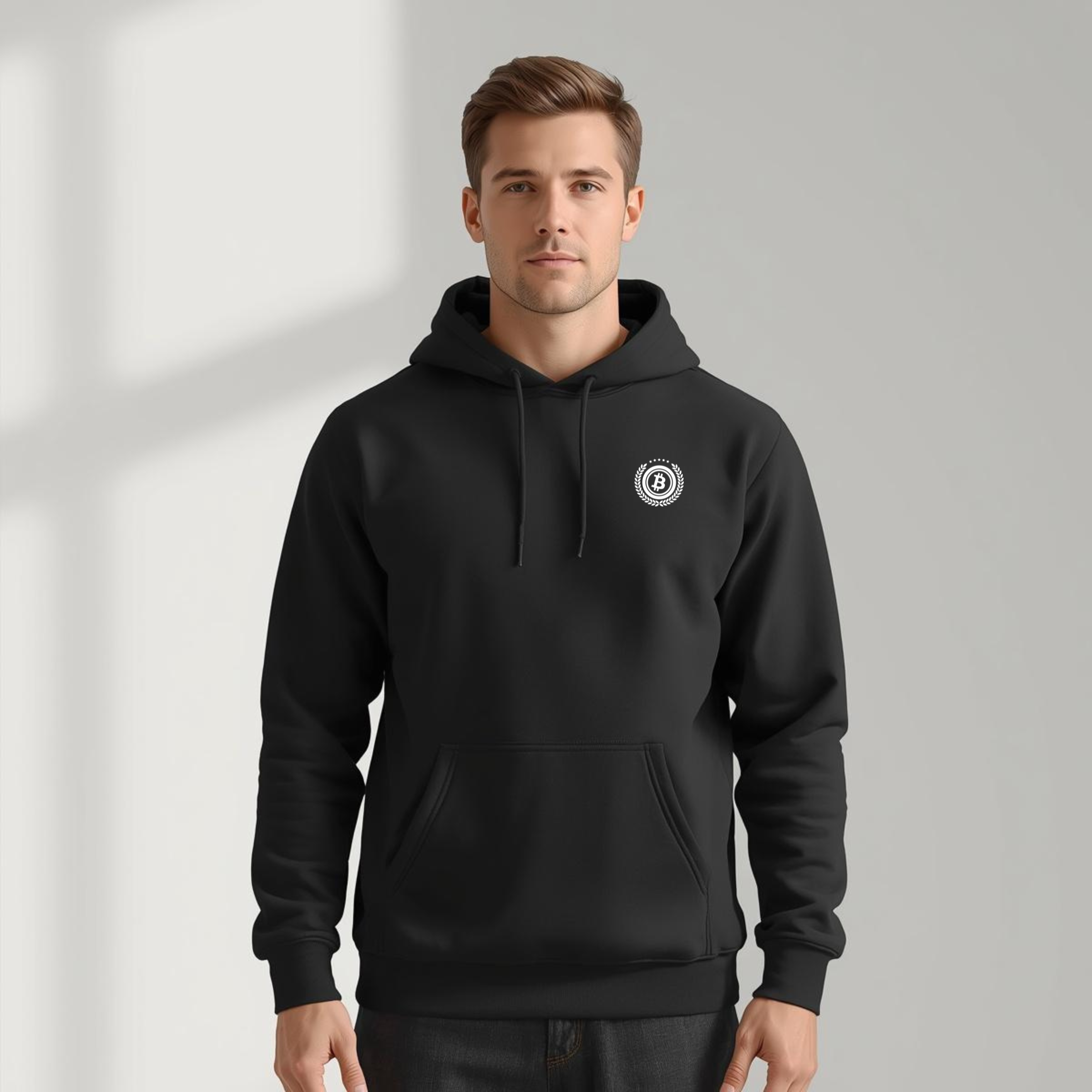 Bitcoin premium black hoodie minimalist standard seal design comfortable streetwear