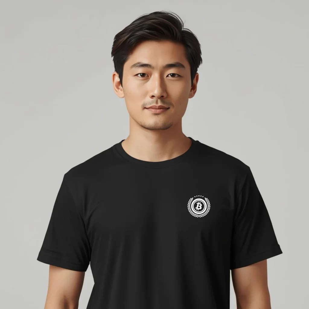 Bitcoin premium black t-shirt standard seal laurel wreath design minimalist organic cotton