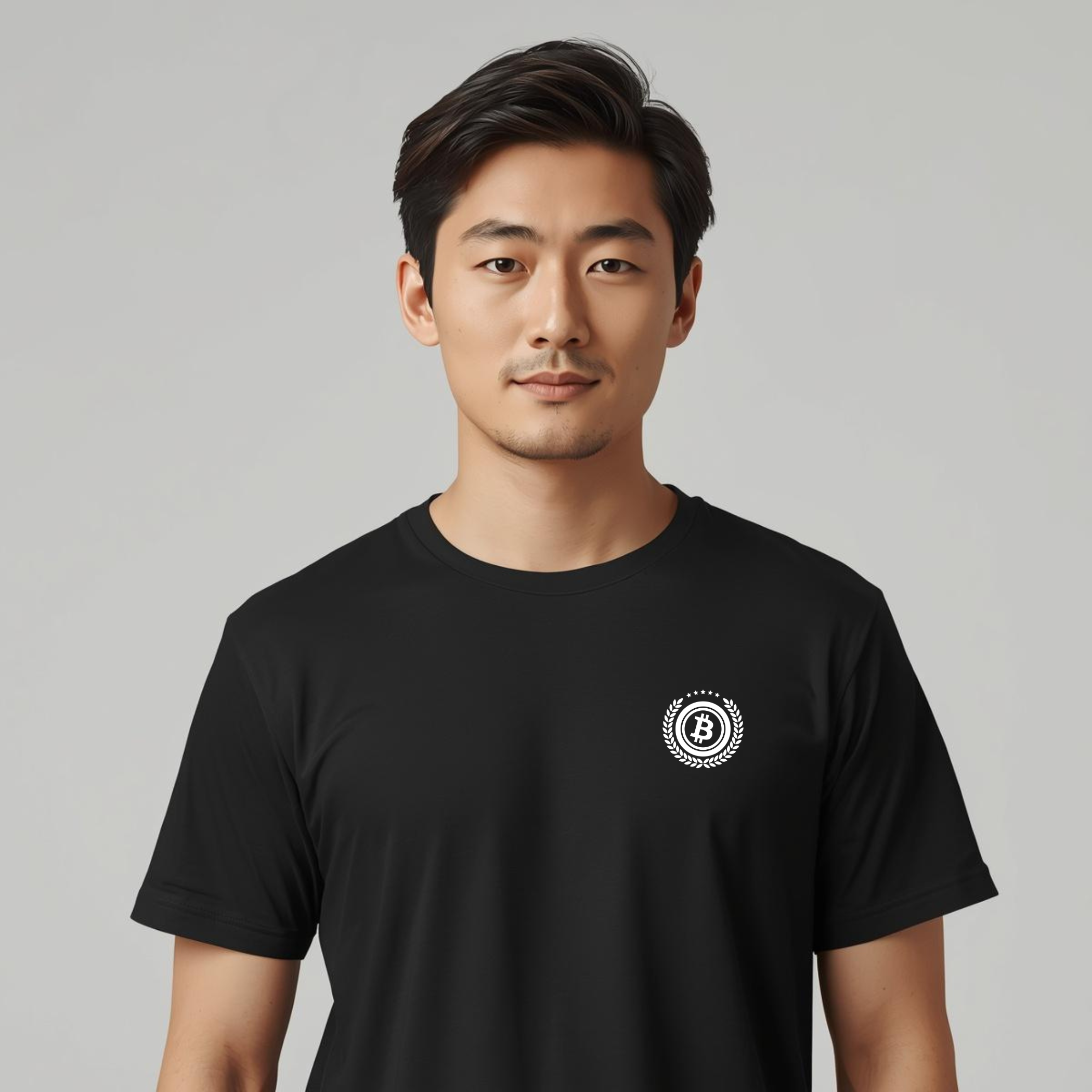 Bitcoin premium black t-shirt standard seal laurel wreath design minimalist organic cotton