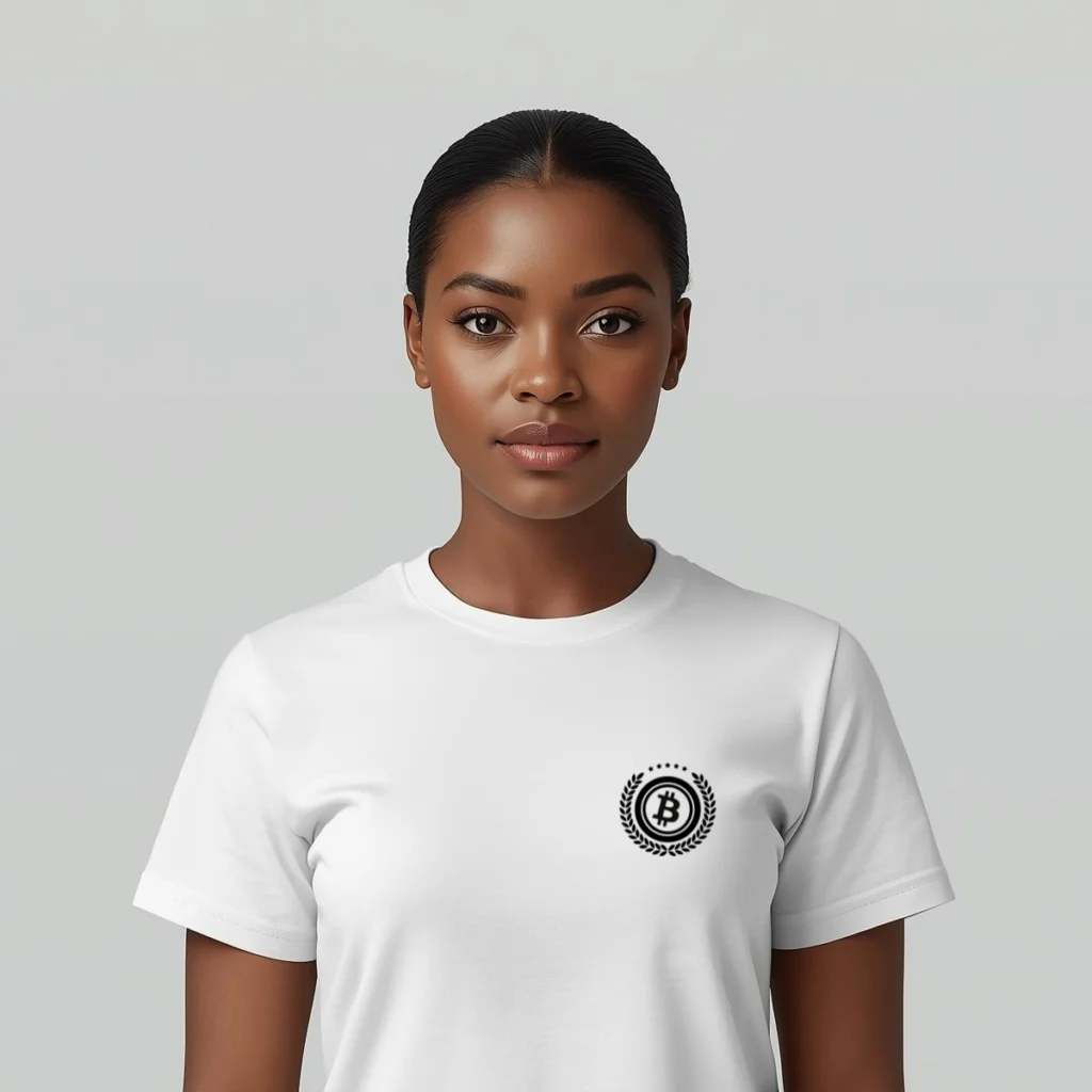 Bitcoin premium white t-shirt standard seal laurel wreath minimalist design organic cotton