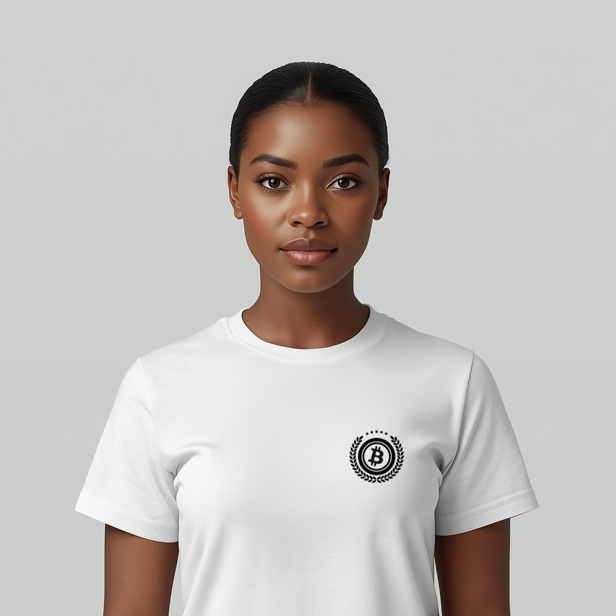 Bitcoin premium white t-shirt standard seal laurel wreath minimalist design organic cotton