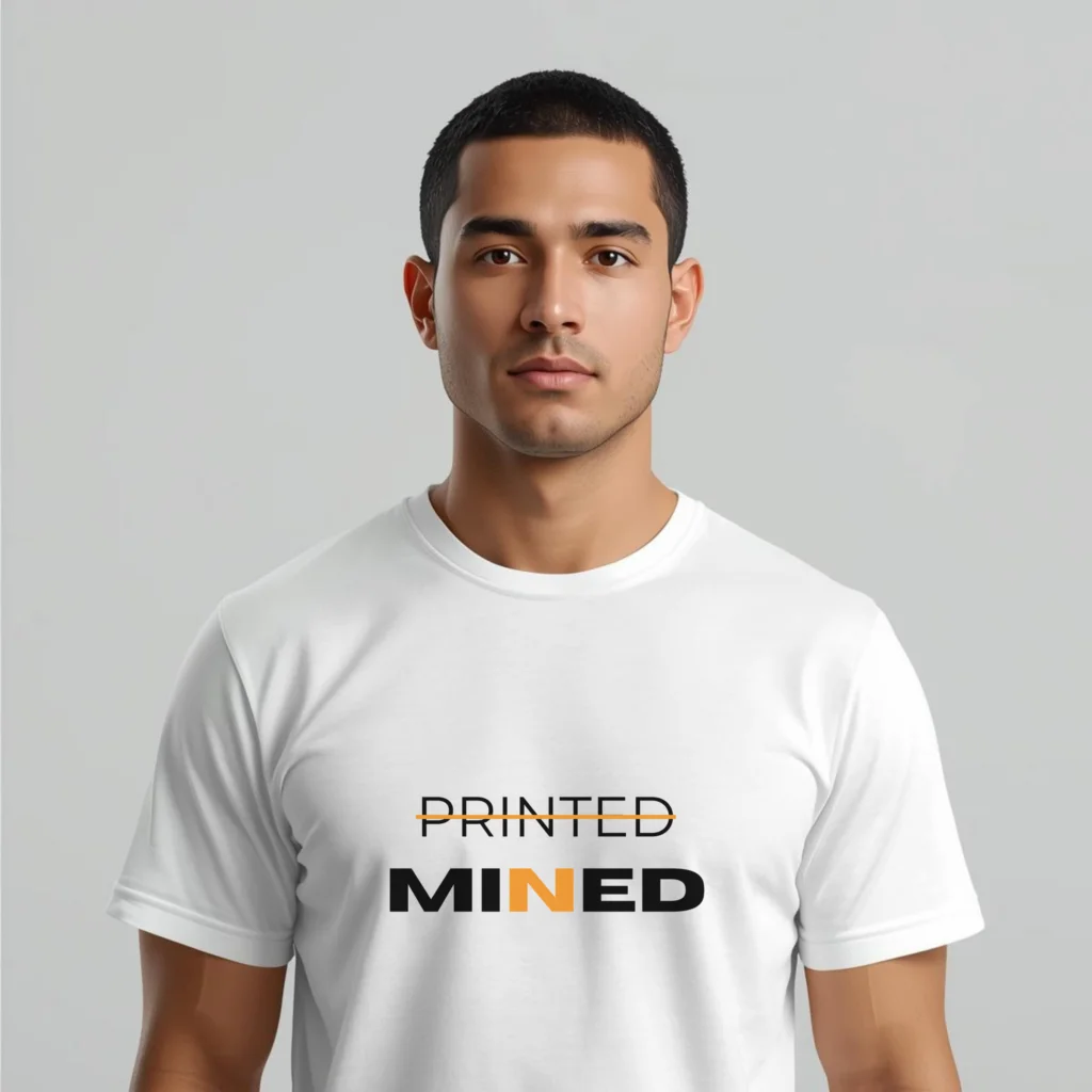 Bitcoin premium t-shirt printed to mined minimalist typography design organic cotton
