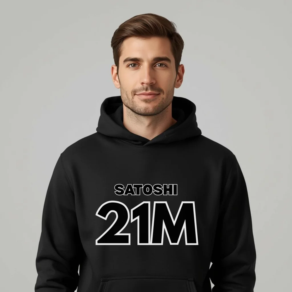 Bitcoin premium hoodie Satoshi 21M minimalist typography design structured warm clothing