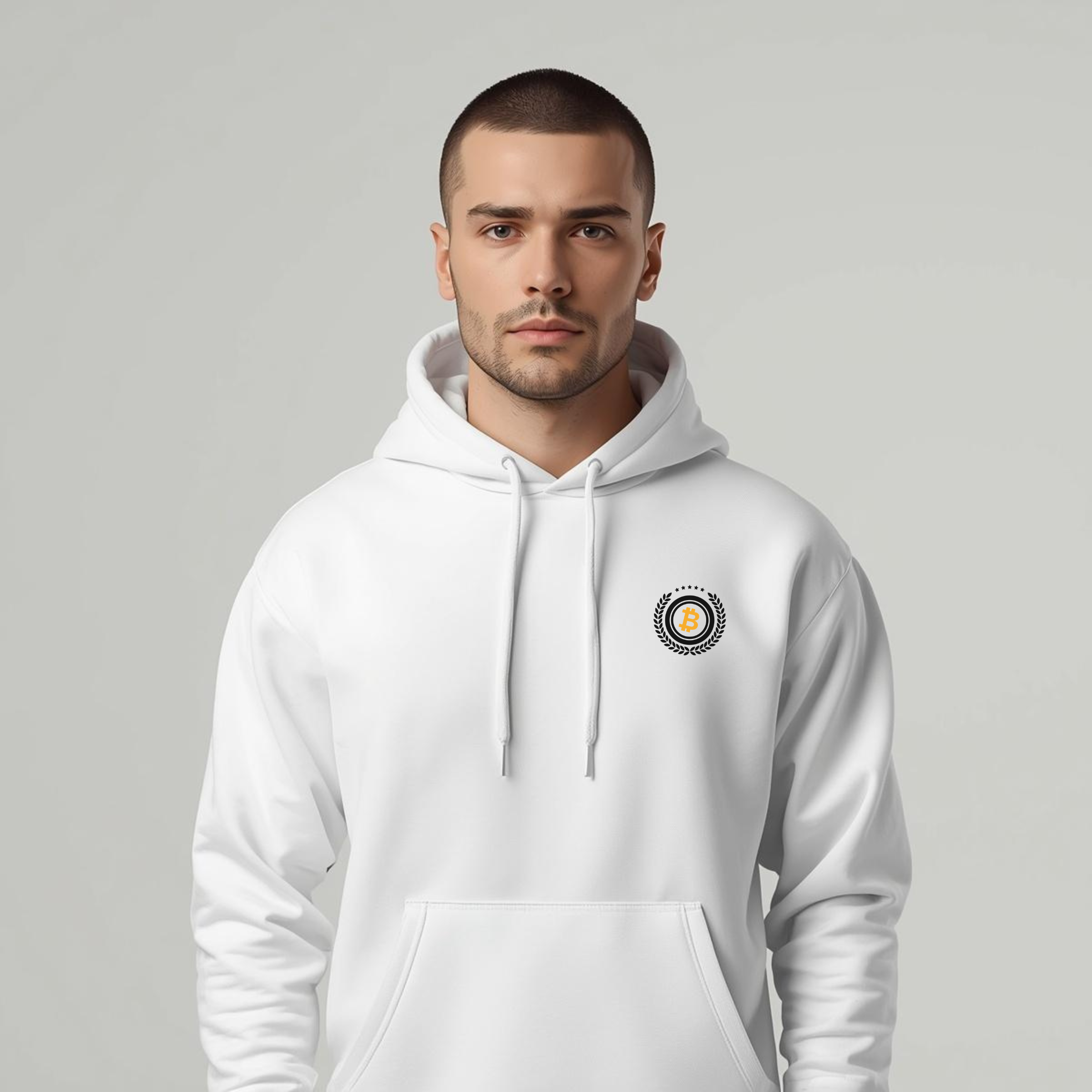 Bitcoin premium white hoodie minimalist standard seal design comfortable streetwear