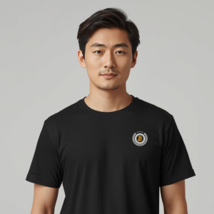 Bitcoin premium black t-shirt standard seal laurel wreath design minimalist organic cotton