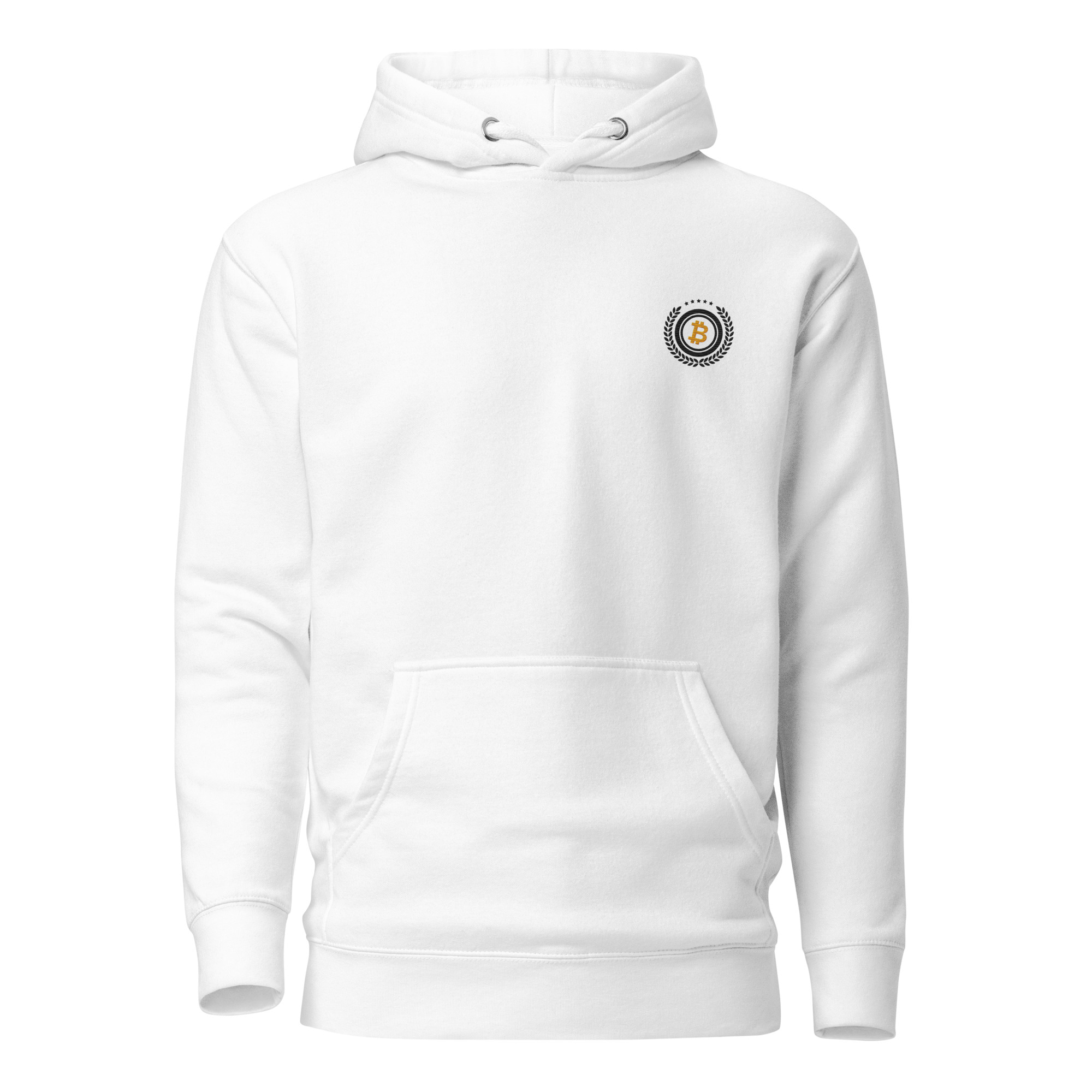 Bitcoin premium white hoodie minimalist standard seal design comfortable streetwear