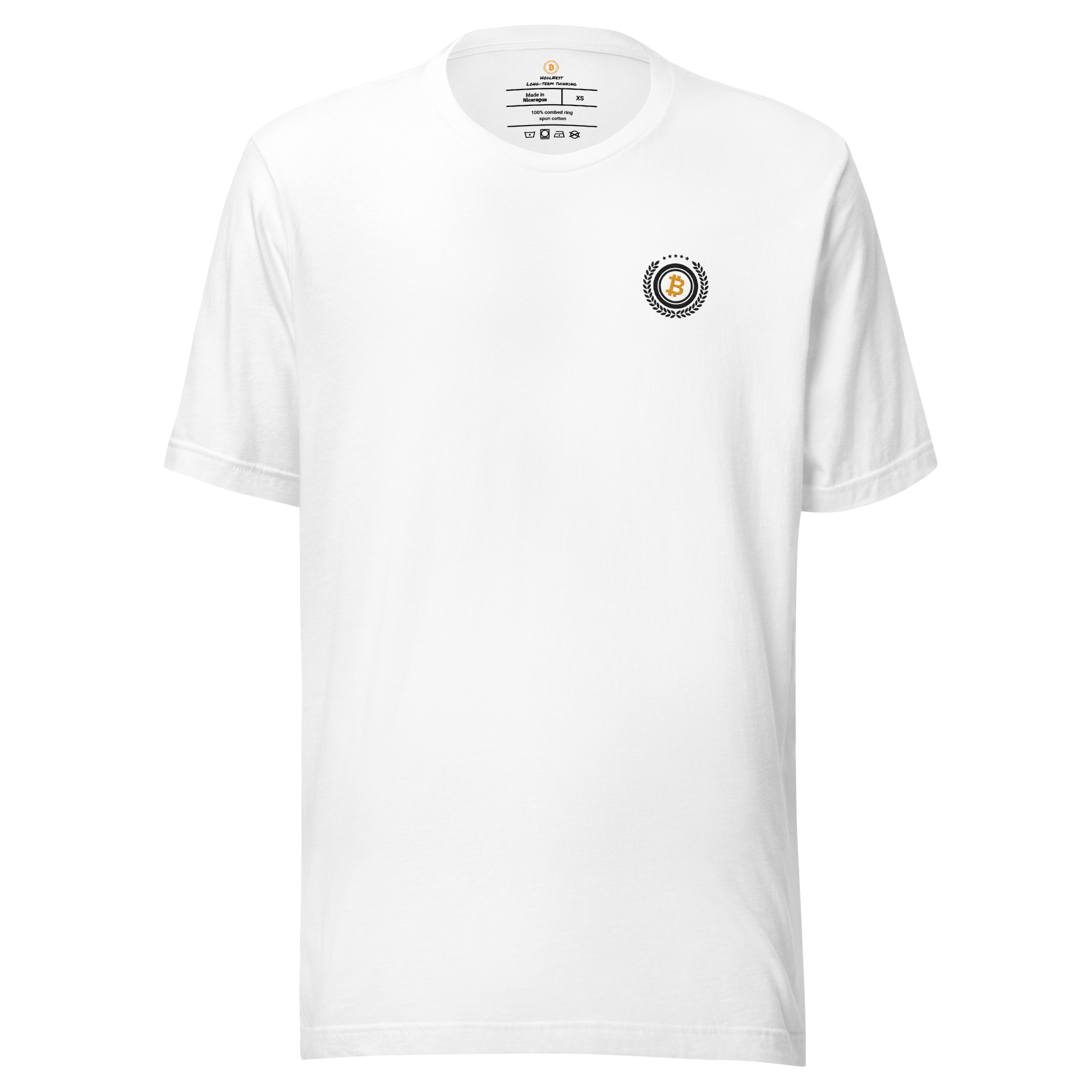 Bitcoin premium white t-shirt standard seal laurel wreath minimalist design organic cotton