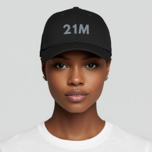 Bitcoin premium black cap Satoshi 21M minimalist embroidered design adjustable hat